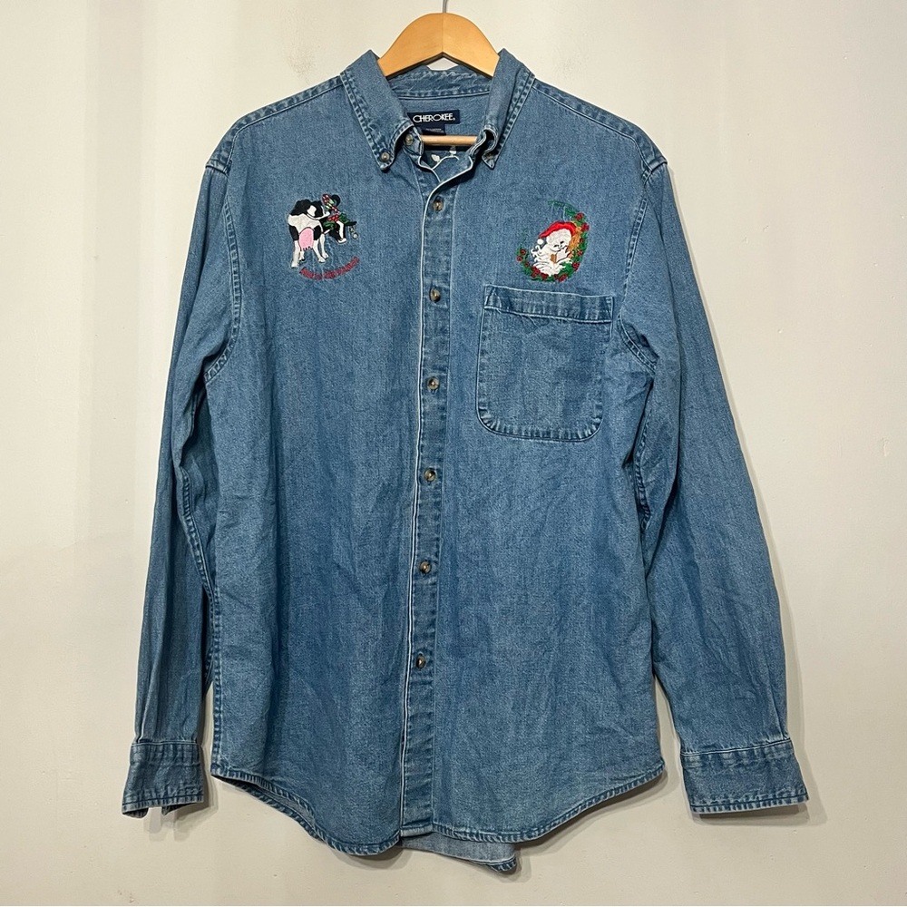Cherokee Christmas Shirt Denim Chambray Button Up Cow String‎ Lights Women’s M